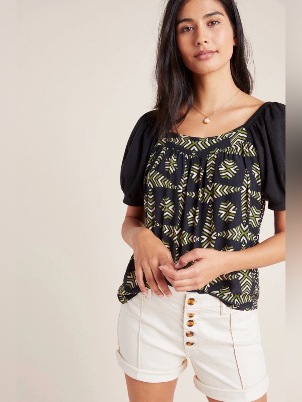 Anthropologie Maeve Catania Top Puff Short Sleeve Boho Small Black Green